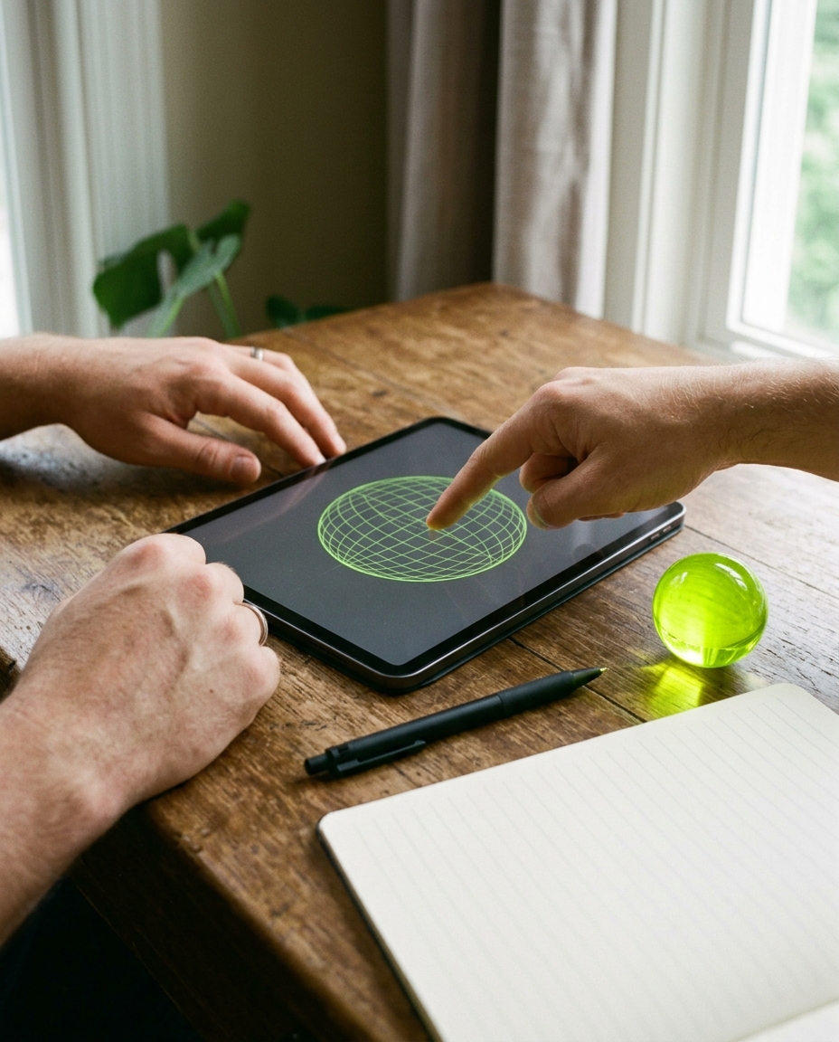 タブレットの線の球を指さす二人の手と、黄緑に光る球